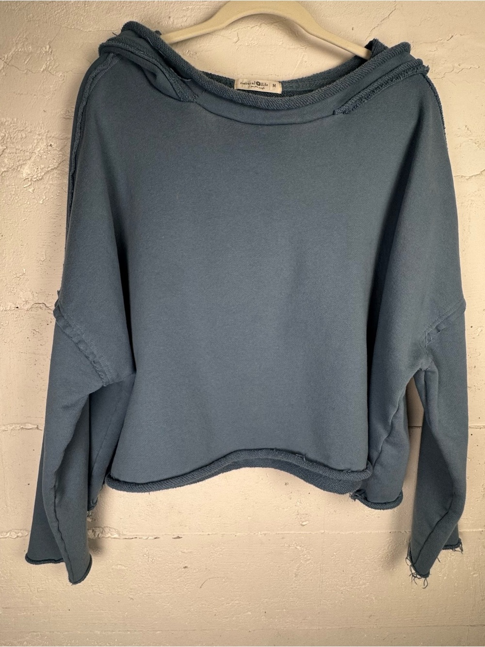 Natural Life Washed Blue Cropped Raw Hem Hoodie Sweatshirt ‎ Oversized Boxy M